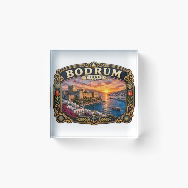 Artikelvorschau, Vintage-Reiseabzeichen aus Bodrum, Türkei | Retro-Souveniraufkleber mit Burgmotiv der Ägäisküste entworfen und verkauft von DreamPaw Studio.