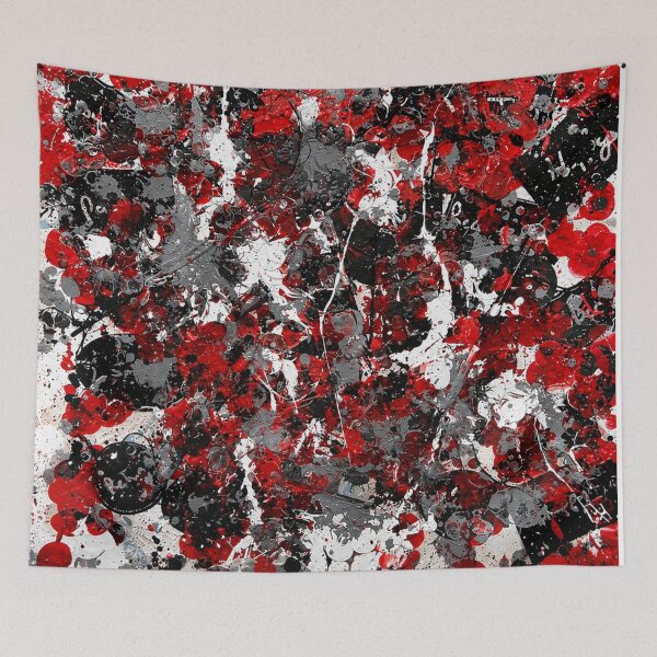 Aperçu de l'œuvre Art abstrait avec éclaboussures de peinture rouge carmin et noire créée et vendue par THE SPLATTERED HAUS BY SAGE BANKS.
