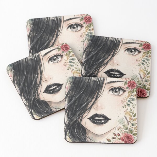 Item preview, Anime Watercolor Girl With Roses - Dark Romance Floral Portrait designed and sold by MAISON SYLVIE.
