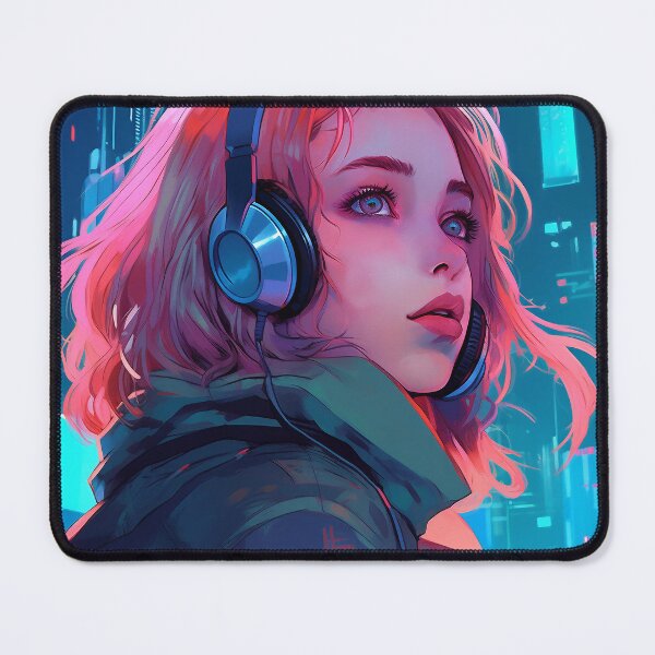 Item preview, Pink Haired Woman Wearing Futuristic Headphones designed and sold by DavideXyz.