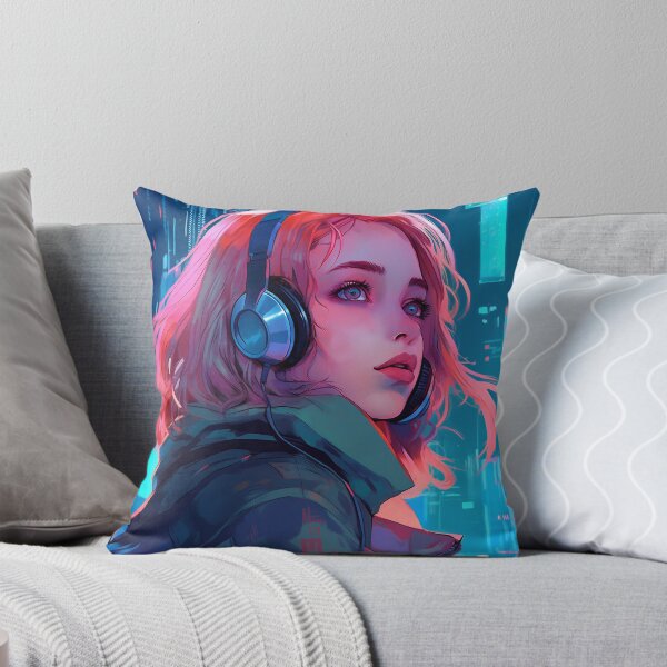 Item preview, Pink Haired Woman Wearing Futuristic Headphones designed and sold by DavideXyz.