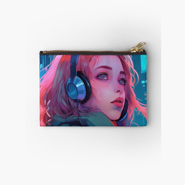 Item preview, Pink Haired Woman Wearing Futuristic Headphones designed and sold by DavideXyz.