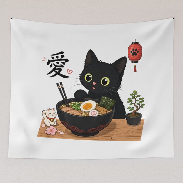 Item preview, Cute Black Ramen Cat Eating Art, Japanese Style Anime Cat, Cat Noodle Lover, Cat Lovers designed and sold by Quiajia.