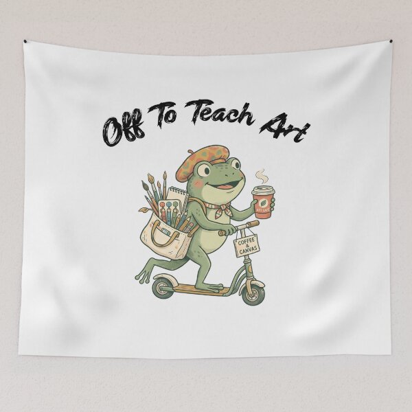 Item preview, Off to Teach Art Frog, Cute Artist Frog on Scooter, Teacher Artist Coffee Canvas, Cottagecore Illustration designed and sold by Trendvia .