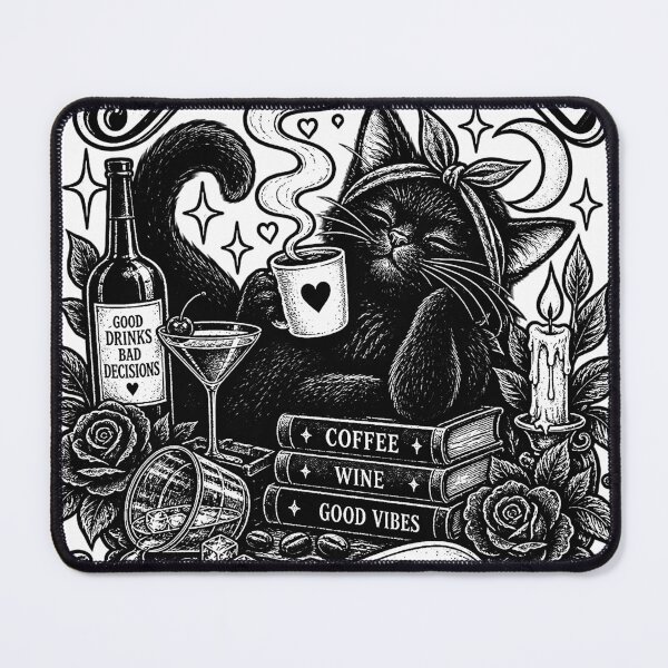 Item preview, Booze & Coffee Club – Black Cat Good Vibes (B&W) designed and sold by Moonroot Studio.