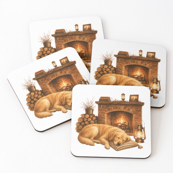 Item preview, Sleeping Golden Retriever Vintage Fireplace Cozy Cabin designed and sold by AQUILAKREO.