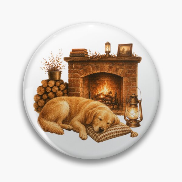 Item preview, Sleeping Golden Retriever Vintage Fireplace Cozy Cabin designed and sold by AQUILAKREO.