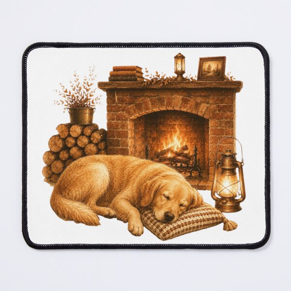 Item preview, Sleeping Golden Retriever Vintage Fireplace Cozy Cabin designed and sold by AQUILAKREO.