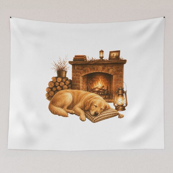 Item preview, Sleeping Golden Retriever Vintage Fireplace Cozy Cabin designed and sold by AQUILAKREO.