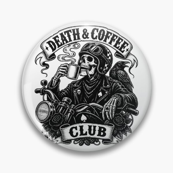 Item preview, Death & Coffee Club – Biker Skeleton & Raven (B&W) designed and sold by Moonroot Studio.