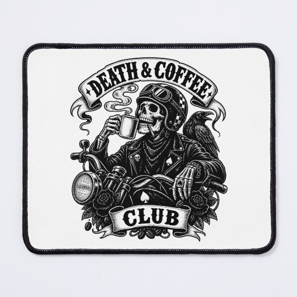 Item preview, Death & Coffee Club – Biker Skeleton & Raven (B&W) designed and sold by Moonroot Studio.