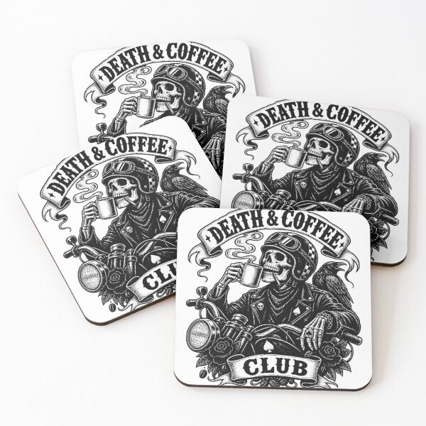 Item preview, Death & Coffee Club – Biker Skeleton & Raven (B&W) designed and sold by Moonroot Studio.
