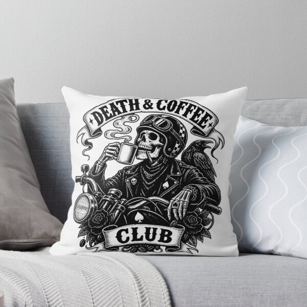 Item preview, Death & Coffee Club – Biker Skeleton & Raven (B&W) designed and sold by Moonroot Studio.