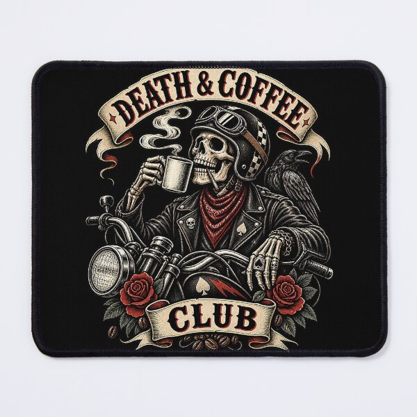Item preview, Death & Coffee Club – Biker Skeleton & Raven designed and sold by Moonroot Studio.