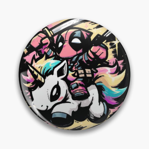 Item preview, Deadpool Cartoon Riding Rainbow Unicorn designed and sold by brocheavisser.