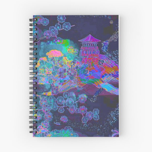Item preview, Neon Sakura Dreamscape – Indigo & Magenta Pagoda Art designed and sold by BatNature.