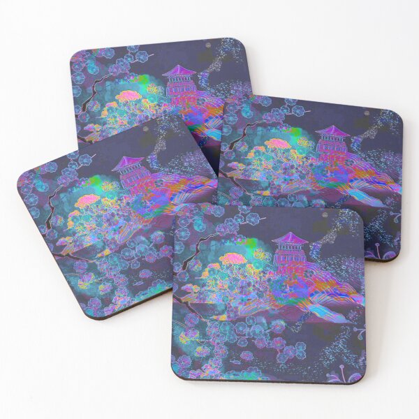 Item preview, Neon Sakura Dreamscape – Indigo & Magenta Pagoda Art designed and sold by BatNature.