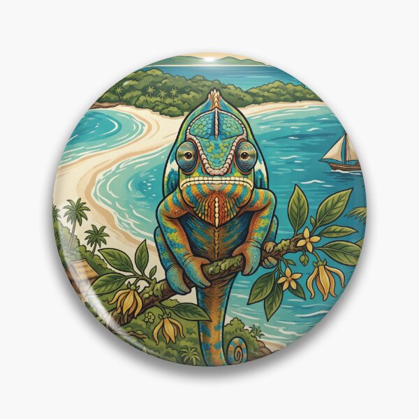 Item preview, NOSY BE Vintage Travel Illustration - Ornate Chameleon Perching in a Tropical Bay designed and sold by ZUMERI.