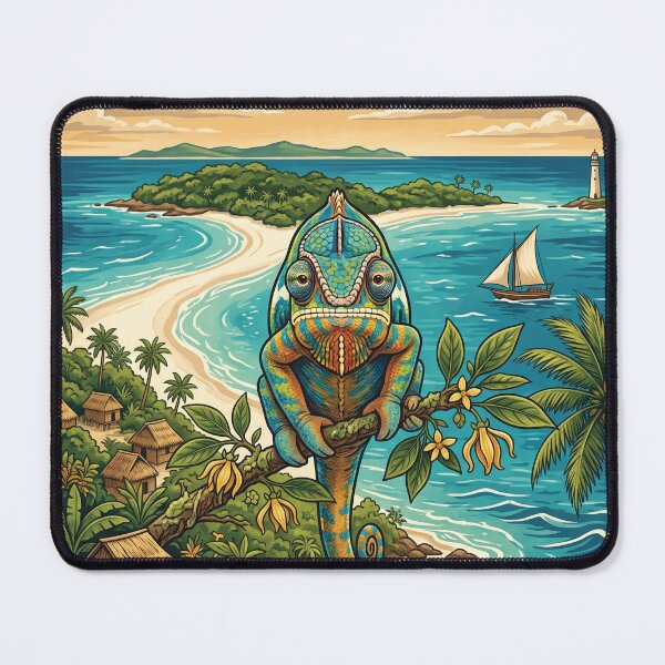 Item preview, NOSY BE Vintage Travel Illustration - Ornate Chameleon Perching in a Tropical Bay designed and sold by ZUMERI.