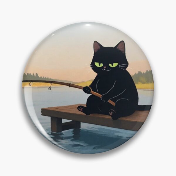 Item preview, Black Cat Fishing on Wooden Pier – Whimsical Sunset Lake Art designed and sold by BLUESKY11a.