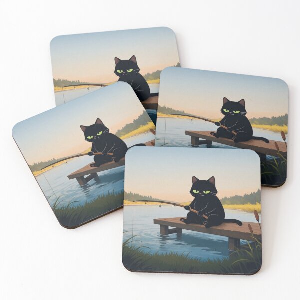 Item preview, Black Cat Fishing on Wooden Pier – Whimsical Sunset Lake Art designed and sold by BLUESKY11a.