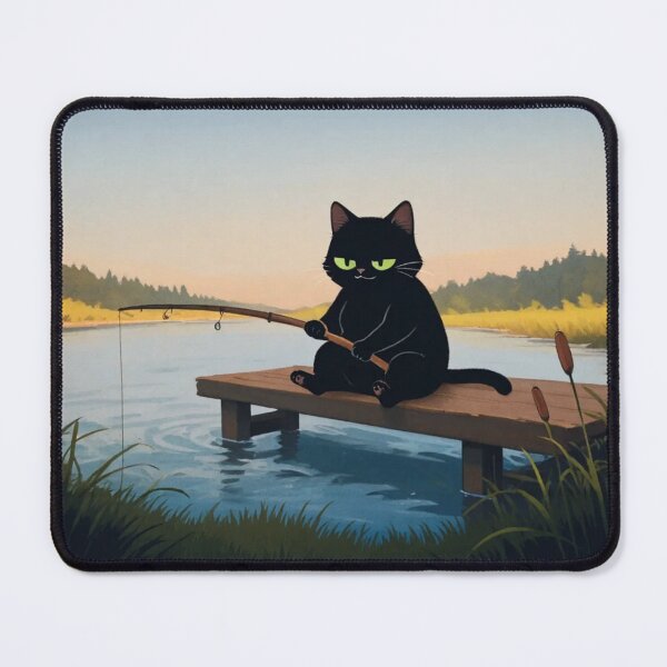 Item preview, Black Cat Fishing on Wooden Pier – Whimsical Sunset Lake Art designed and sold by BLUESKY11a.