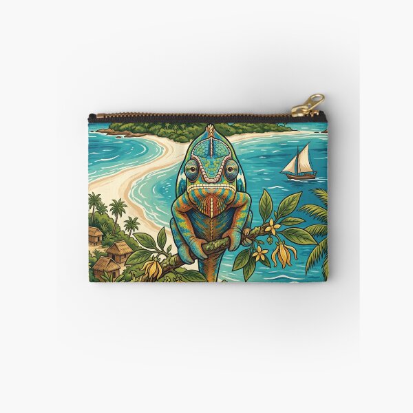 Item preview, NOSY BE Vintage Travel Illustration - Ornate Chameleon Perching in a Tropical Bay designed and sold by ZUMERI.