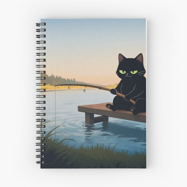 Item preview, Black Cat Fishing on Wooden Pier – Whimsical Sunset Lake Art designed and sold by BLUESKY11a.