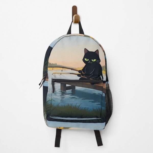 Item preview, Black Cat Fishing on Wooden Pier – Whimsical Sunset Lake Art designed and sold by BLUESKY11a.