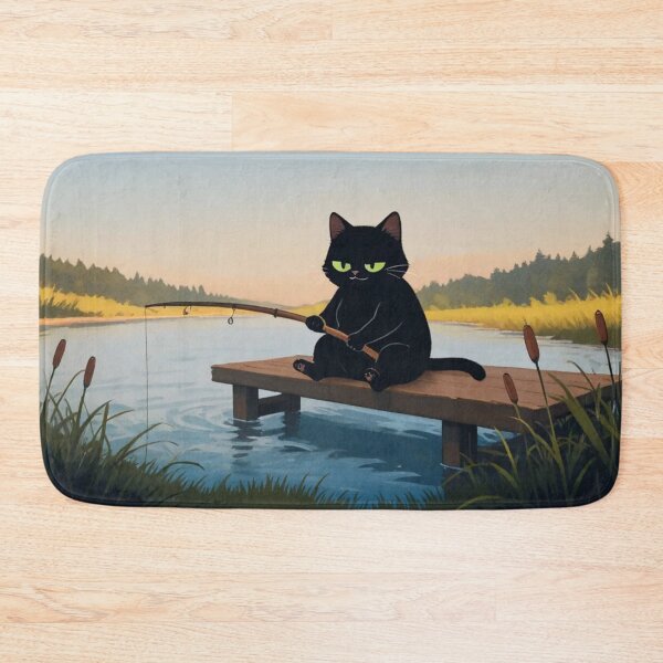 Item preview, Black Cat Fishing on Wooden Pier – Whimsical Sunset Lake Art designed and sold by BLUESKY11a.