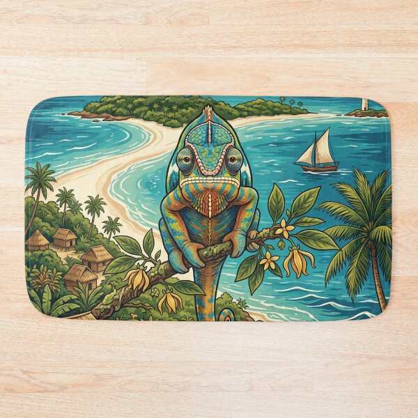 Item preview, NOSY BE Vintage Travel Illustration - Ornate Chameleon Perching in a Tropical Bay designed and sold by ZUMERI.