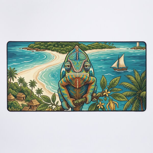 Item preview, NOSY BE Vintage Travel Illustration - Ornate Chameleon Perching in a Tropical Bay designed and sold by ZUMERI.