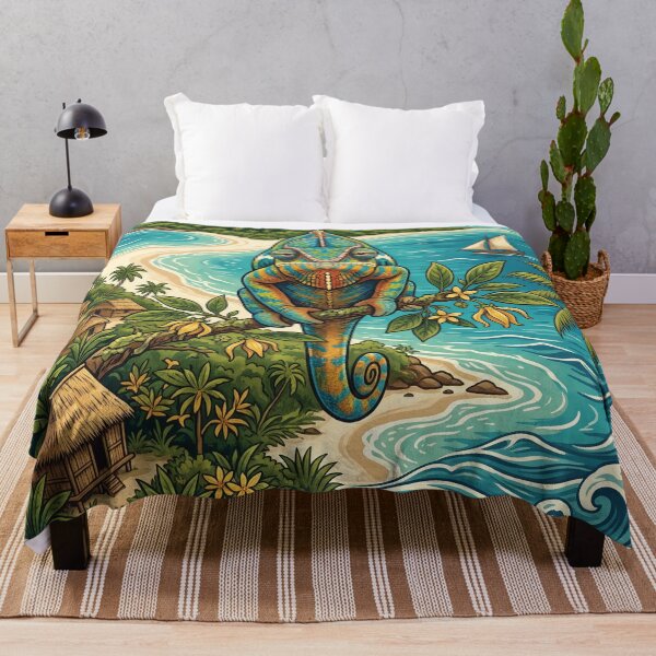 Item preview, NOSY BE Vintage Travel Illustration - Ornate Chameleon Perching in a Tropical Bay designed and sold by ZUMERI.