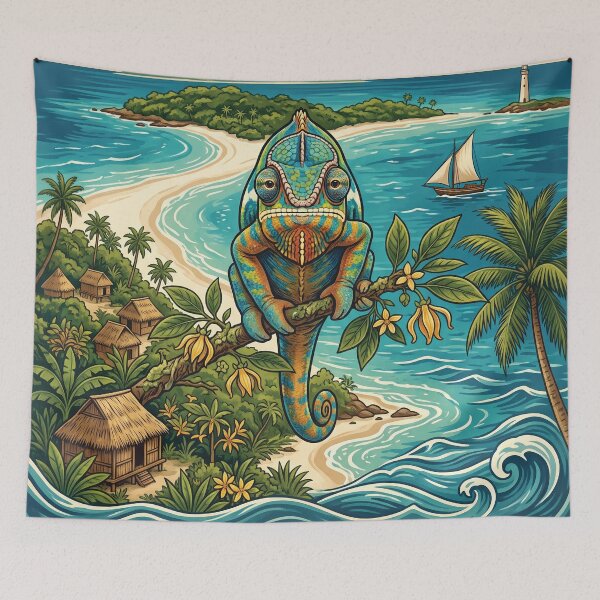 Item preview, NOSY BE Vintage Travel Illustration - Ornate Chameleon Perching in a Tropical Bay designed and sold by ZUMERI.