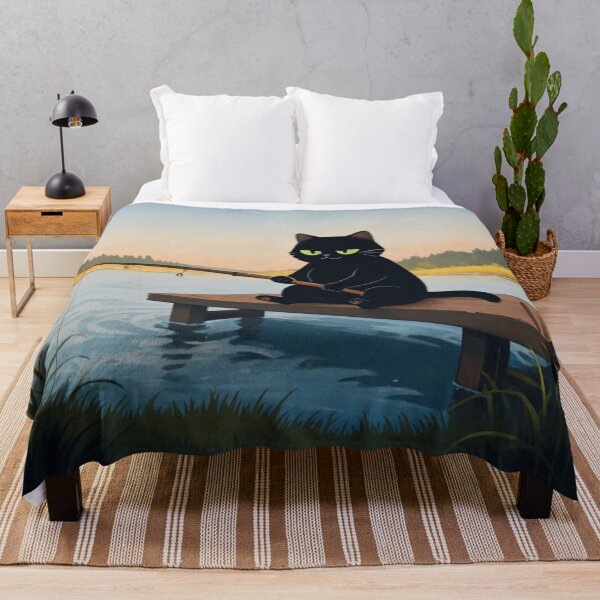 Item preview, Black Cat Fishing on Wooden Pier – Whimsical Sunset Lake Art designed and sold by BLUESKY11a.