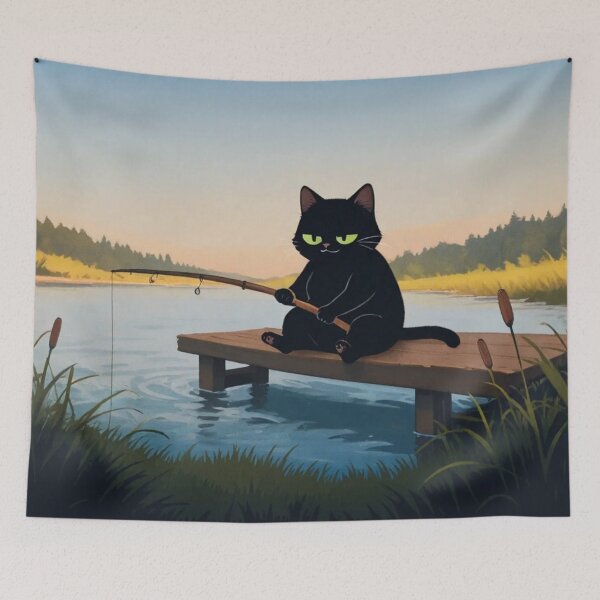 Item preview, Black Cat Fishing on Wooden Pier – Whimsical Sunset Lake Art designed and sold by BLUESKY11a.