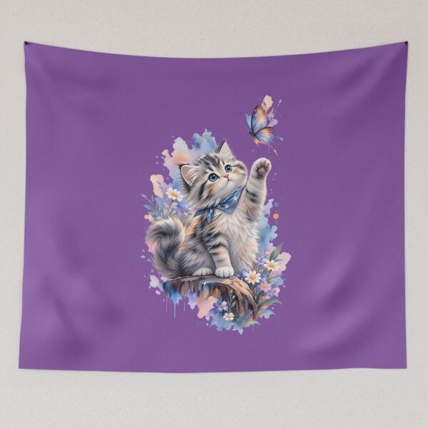 Item preview, Whimsical Fluffy Kitten and Butterfly Watercolor Art designed and sold by ShadowArtEG.