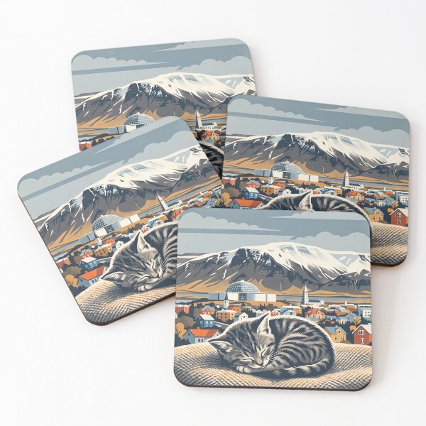 Item preview, REYKJAVÍK Vintage Travel Illustration - Striped Feline Resting in a Woven Blanket designed and sold by ZUMERI.