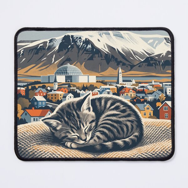 Item preview, REYKJAVÍK Vintage Travel Illustration - Striped Feline Resting in a Woven Blanket designed and sold by ZUMERI.