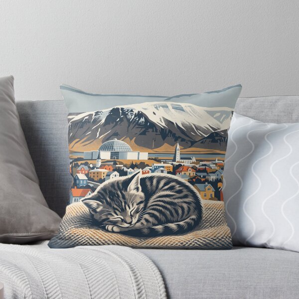 Item preview, REYKJAVÍK Vintage Travel Illustration - Striped Feline Resting in a Woven Blanket designed and sold by ZUMERI.