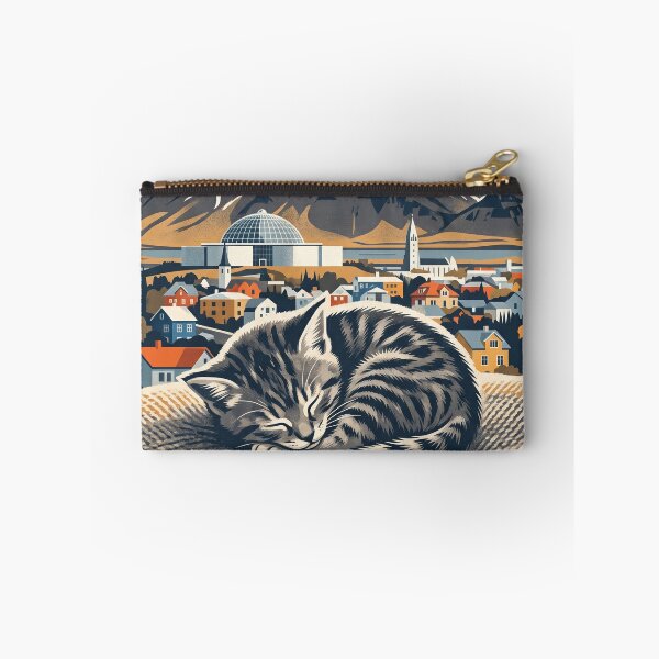 Item preview, REYKJAVÍK Vintage Travel Illustration - Striped Feline Resting in a Woven Blanket designed and sold by ZUMERI.
