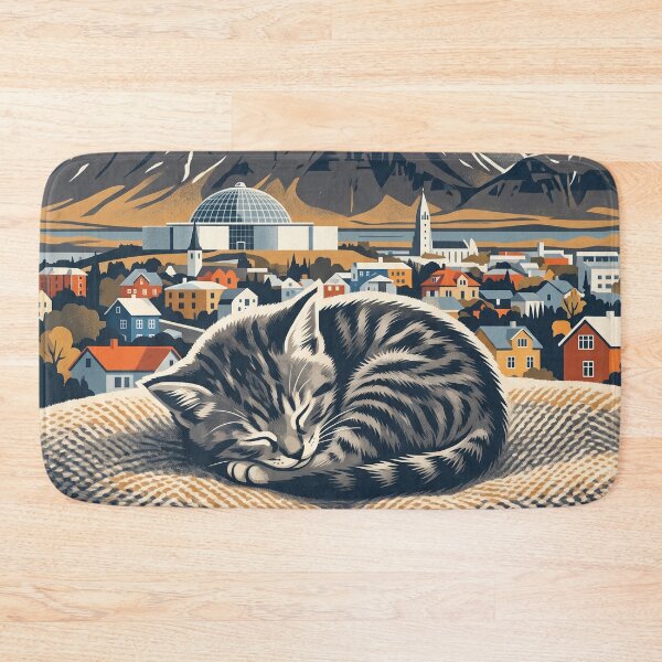 Item preview, REYKJAVÍK Vintage Travel Illustration - Striped Feline Resting in a Woven Blanket designed and sold by ZUMERI.