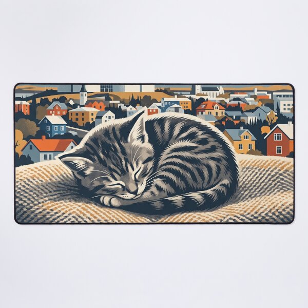 Item preview, REYKJAVÍK Vintage Travel Illustration - Striped Feline Resting in a Woven Blanket designed and sold by ZUMERI.
