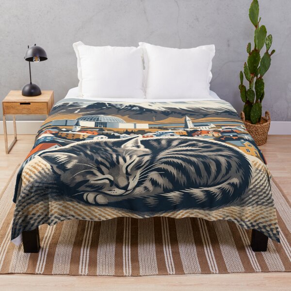 Item preview, REYKJAVÍK Vintage Travel Illustration - Striped Feline Resting in a Woven Blanket designed and sold by ZUMERI.