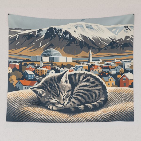 Item preview, REYKJAVÍK Vintage Travel Illustration - Striped Feline Resting in a Woven Blanket designed and sold by ZUMERI.