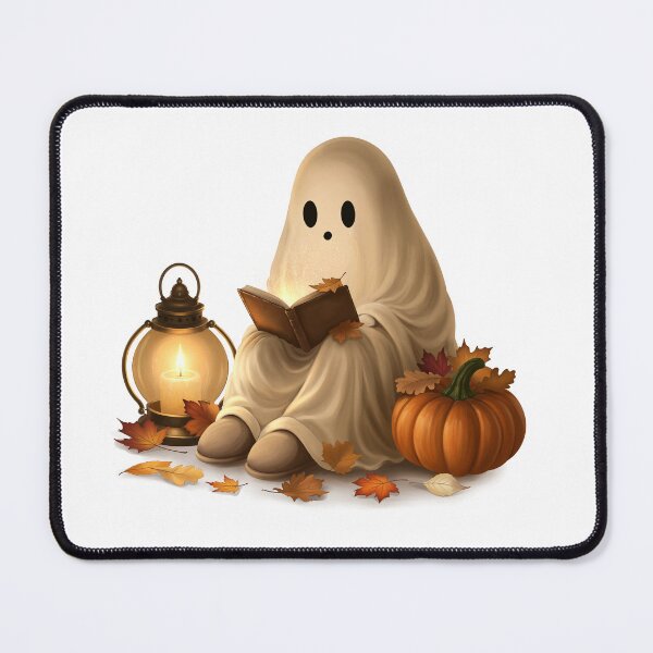 Item preview, Cozy Cute Ghost Reading a Book with Pumpkin and Autumn Lantern Hand Drawn Illustration designed and sold by katemaxi.