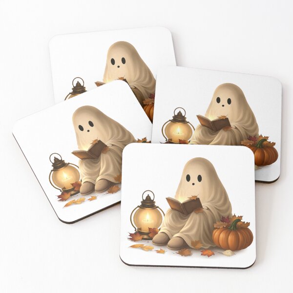 Item preview, Cozy Cute Ghost Reading a Book with Pumpkin and Autumn Lantern Hand Drawn Illustration designed and sold by katemaxi.