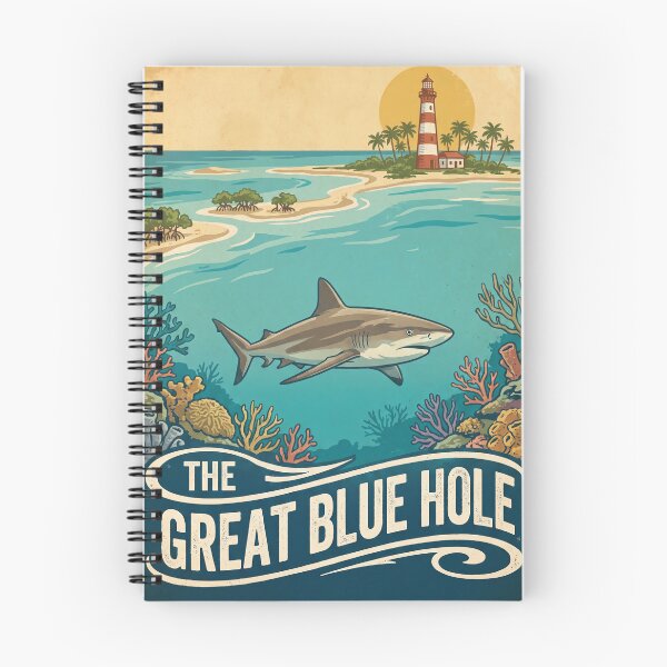 Item preview, THE GREAT BLUE HOLE Vintage Travel Illustration - Fierce Shark Swimming in a Coral Reef designed and sold by ZUMERI.