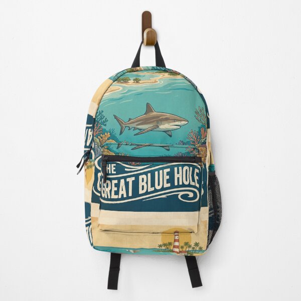 Item preview, THE GREAT BLUE HOLE Vintage Travel Illustration - Fierce Shark Swimming in a Coral Reef designed and sold by ZUMERI.