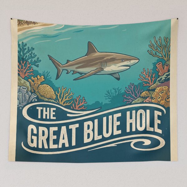 Item preview, THE GREAT BLUE HOLE Vintage Travel Illustration - Fierce Shark Swimming in a Coral Reef designed and sold by ZUMERI.